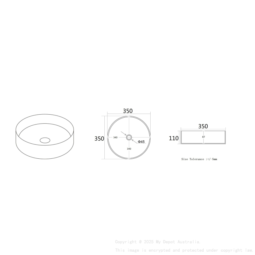 350*350*110mm Matte White Olley Fine Ceramic Above Counter Basin No Overflow 32mm Waste