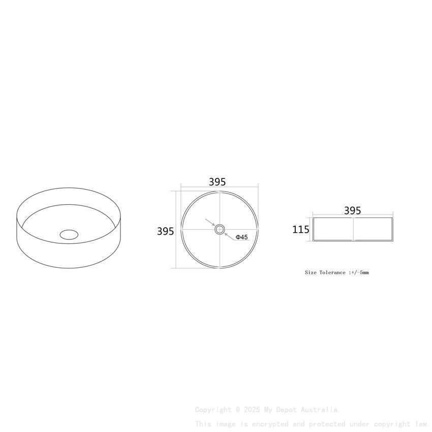 395*395*115mm Matte Black Olley Fine Ceramic Above Counter Basin No Overflow 32mm Waste