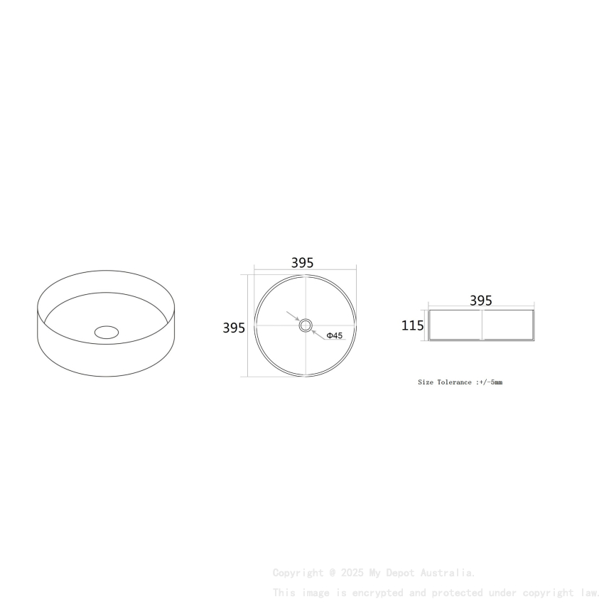 395*395*115mm Matte Carrara White And Bronze Olley Fine Ceramic Above Counter Basin No Overflow 32mm Waste