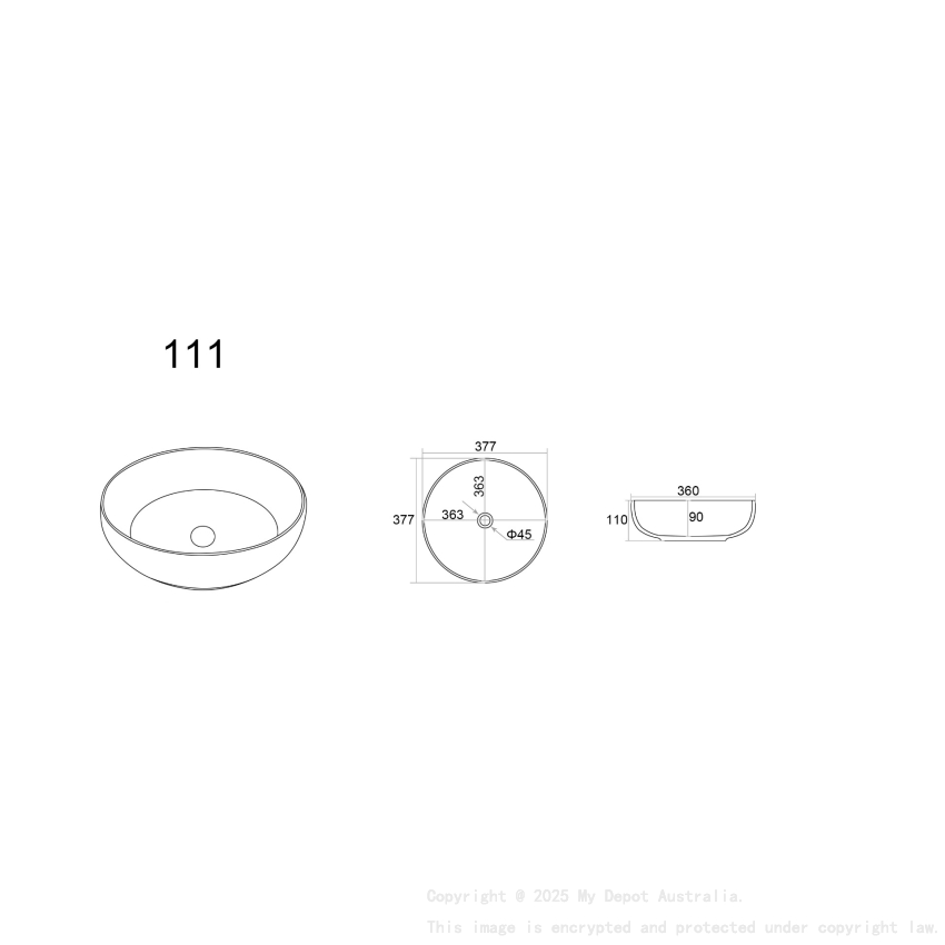 377*377*110mm Matte White Oban Fine Ceramic Above Counter Basins No Overflow 32mm Waste