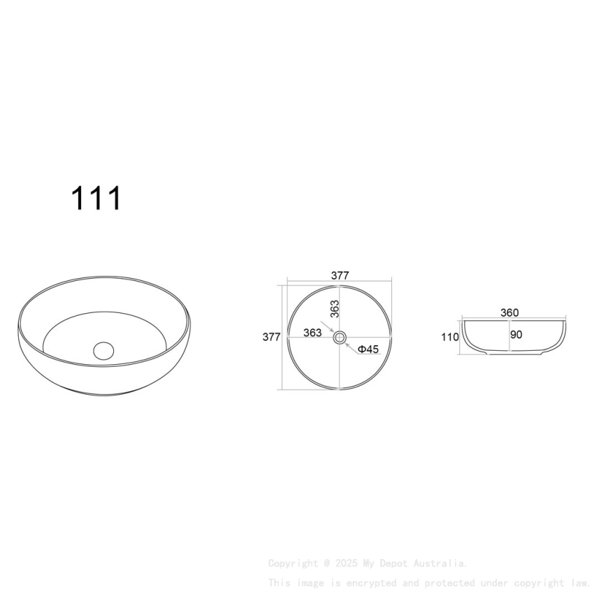 377*377*110mm Gloss White Oban Fine Ceramic Above Counter Basins No Overflow 32mm Waste