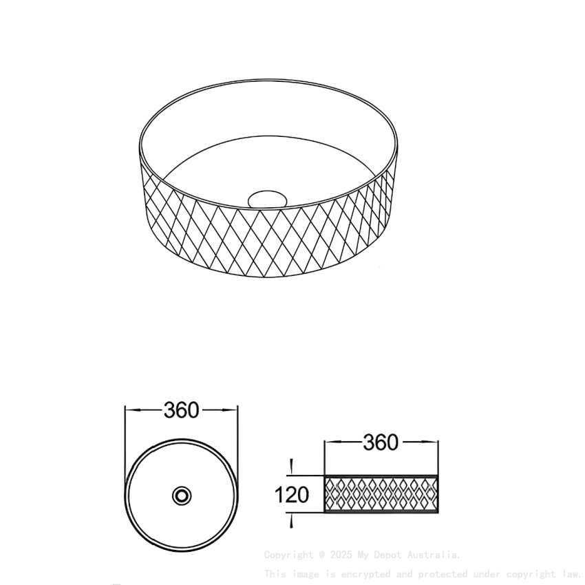 360*360*120mm Matte White Outside Matt Black Inside Ollia Diamond Fine Ceramic Above Counter Basin No Overflow 32mm Waste