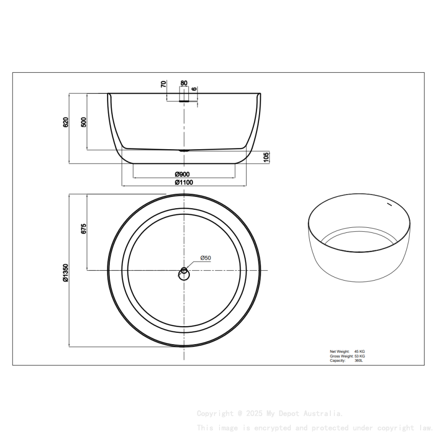 1350*1350*620mm Gloss White Olley Round Acrylic Standing Bathtub Overflow Chrome Waste And Pipe Inlcuded