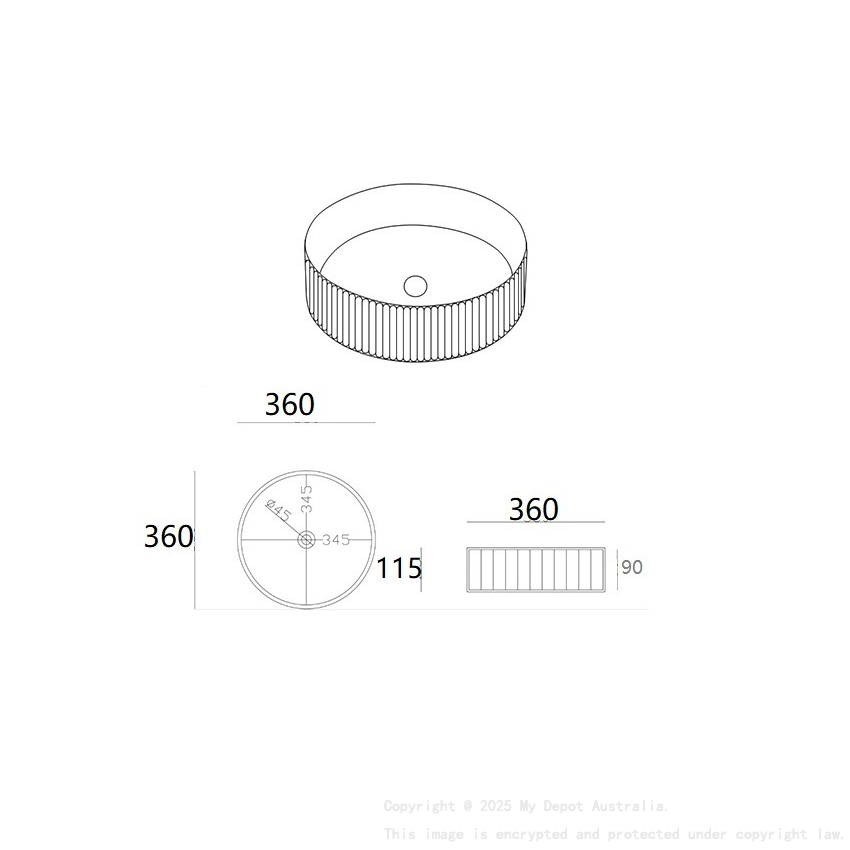 360*360*115 Matte Black Olley Fine Ceramic Fluted Art Basin No Overflow 32mm Waste