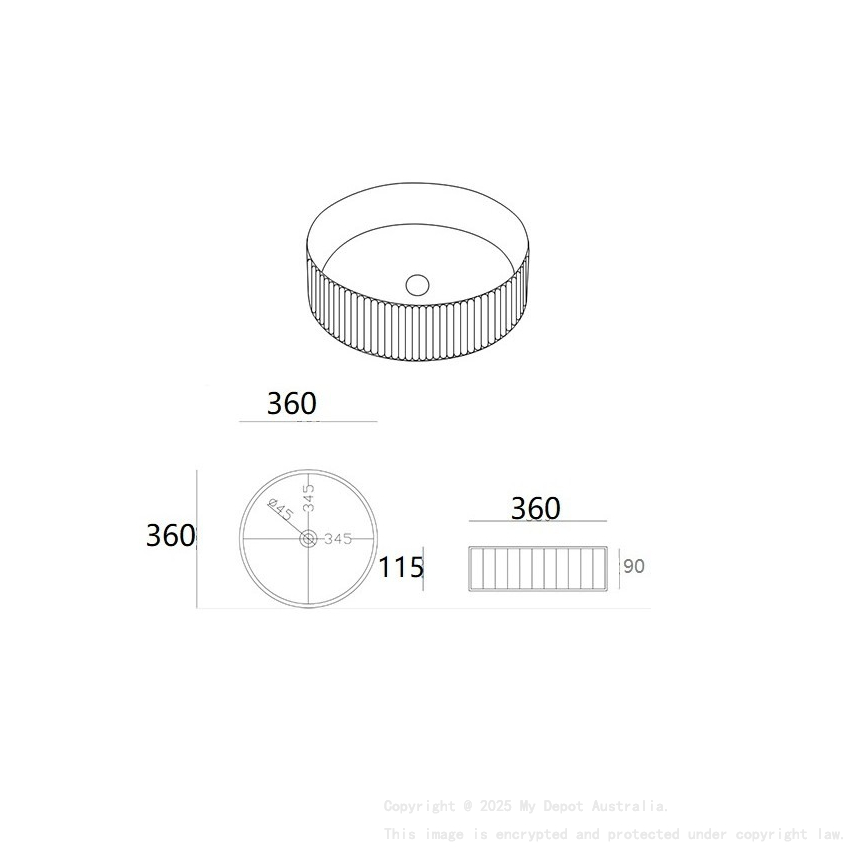 360*360*115 Gloss White Olley Fine Ceramic Fluted Art Basin No Overflow 32mm Waste