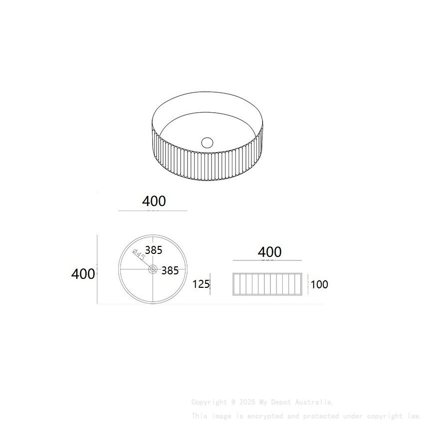 400*400*125mm Matte White Olley Fine Ceramic Fluted Art Basin No Overflow 32mm Waste