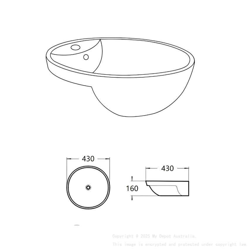 430*430*160mm Gloss White Orbi Fine Ceramic Semi Ress Basin Overflow 32mm Waste