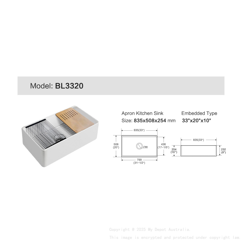 Size:835*508*254mm Bowl Size:799*436*232mm Gloss White Orta Fine Fireclay Farmhouse Sink With Work Station Single Bowl