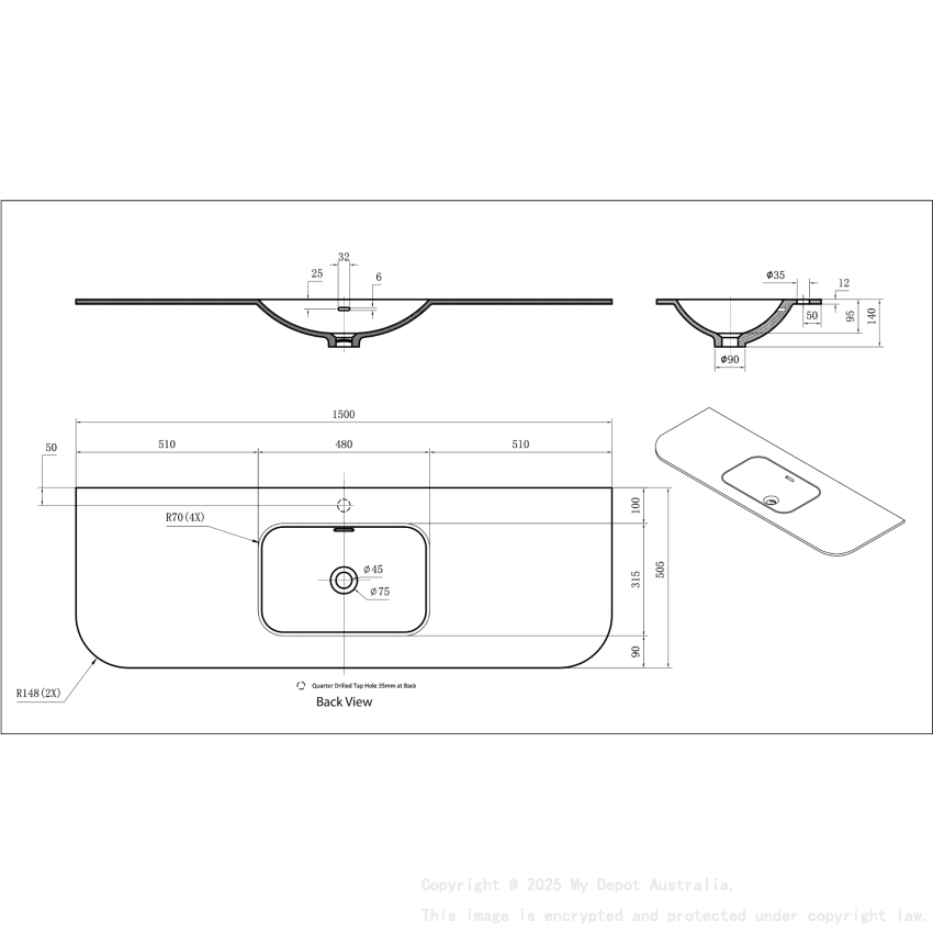 1505X505X140 Matte White Aruro Solid Surface Stone Basin