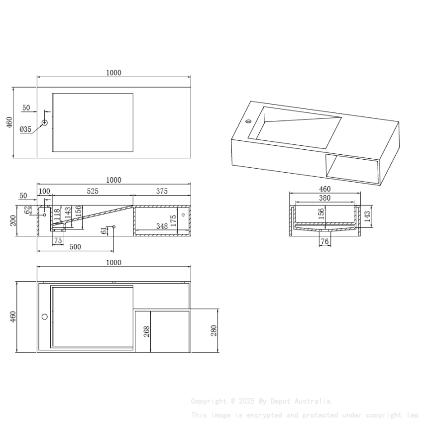 1000*460*200mm Matt White Crete Solid Surface Stone Wall Hung Basin None Overflow