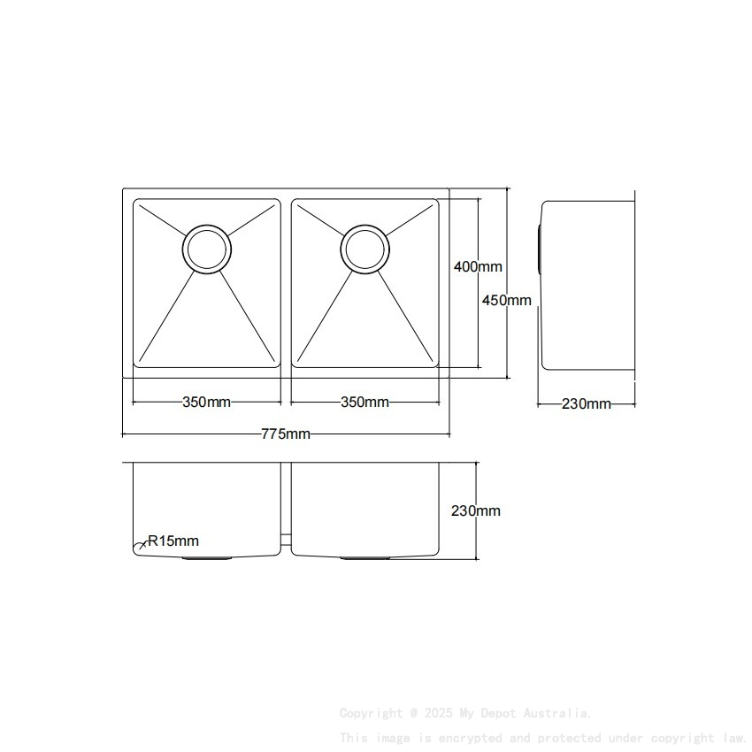 Bowl Size:350X400X230mm Overall Size:775X450X230mm Gun Metal Kliff Hand Made Stainless Steel Sinks