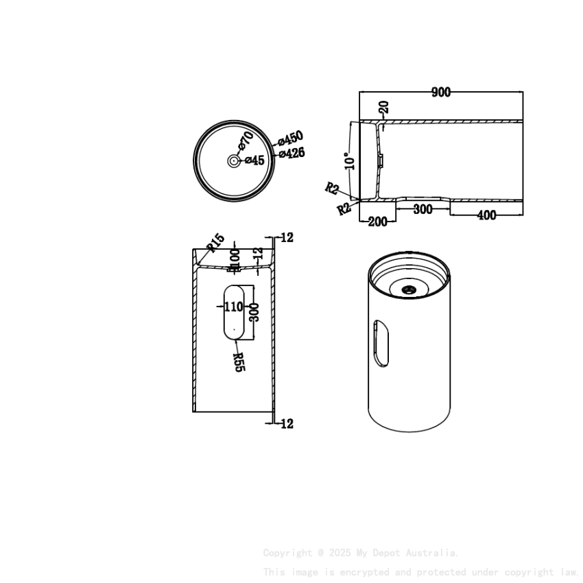 450X450X900mm Matt White Olley Solid Surface Stone Pedestal Basin None Overflow 32mm Waste