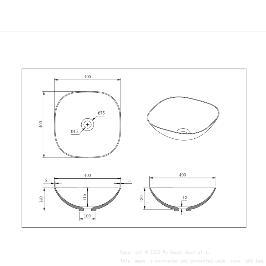 400*400*140mm Matt White Perry Solid Surface Stone Above Counter Basin 32mm Waste