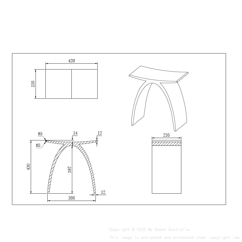 420X235X430mm Matt White Perry Solid Surface Stone Bath Stool