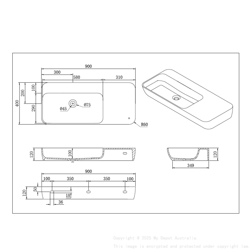 900*400*120mm Matt White Rocca Solid Surface Stone Wall Hung Basin With Semi Drill Tap Hole None Overflow 32mm Waste