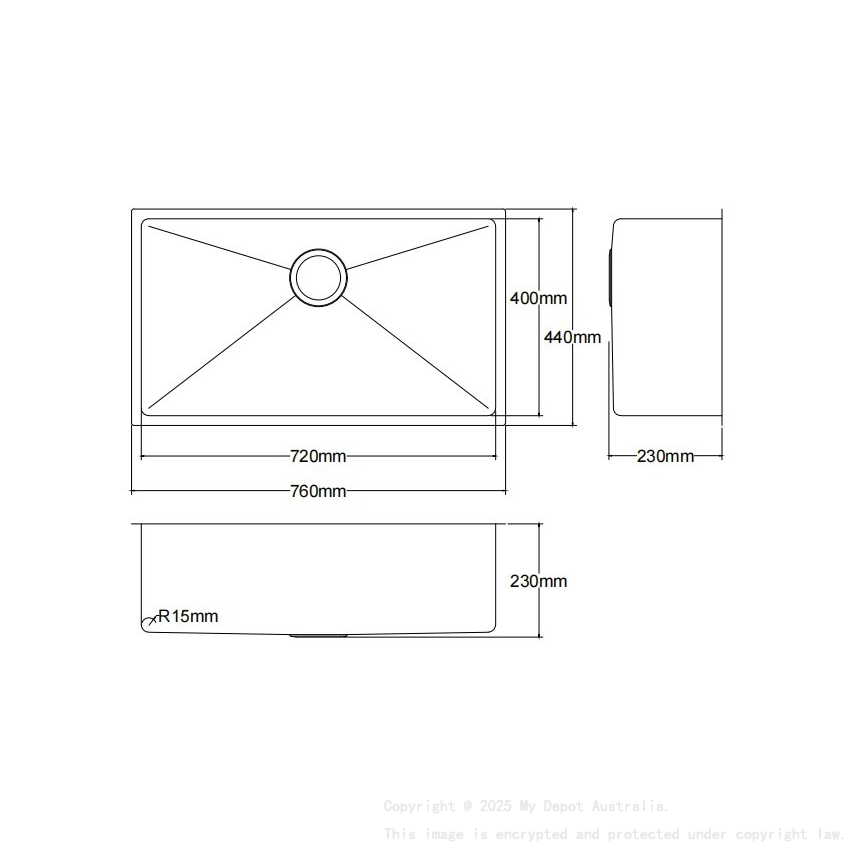 Bowl Size:720X400X230mm Overall Size:760X440X230mm Gun Metal Kliff Hand Made Stainless Steel Sinks