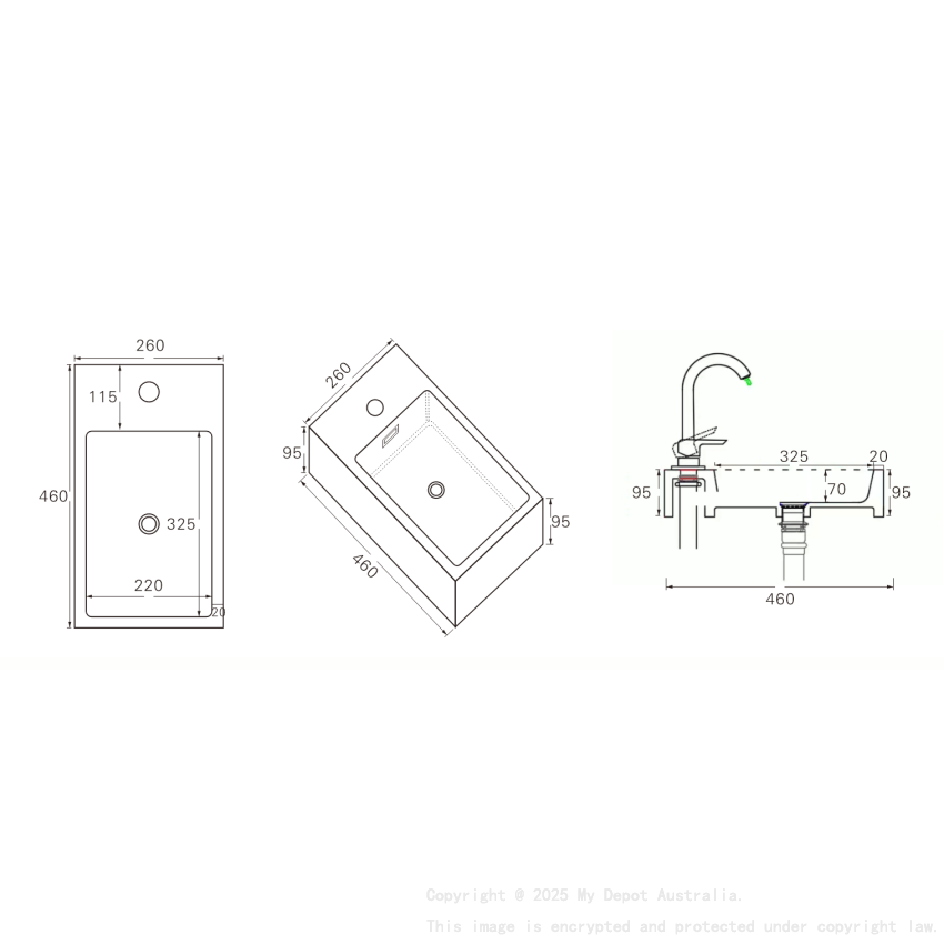 460*260*95mm Matte white Crete Soild Surface Counter Top One Tap Hole Overflow, 32mm Waste