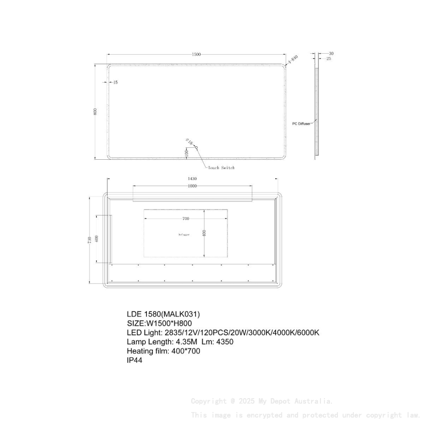 1500*800mm Frosted Glass Edge 3 Color Lighting Backlit LED Mirror Touch Sensor Switch