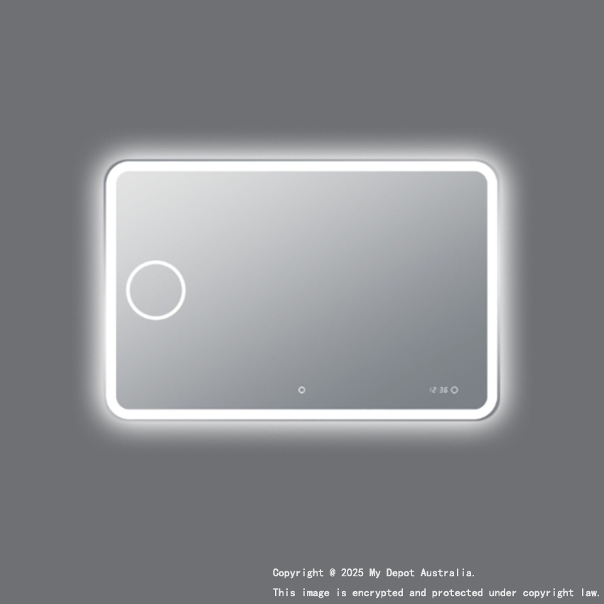 1200*800mm Curved Rim Rectangle 3 Color Lighting Backlit Acrylic LED Mirror Magnifier Touch Sensor Switch Defogger Pad Wall Mounted Digital Clock with Temperature