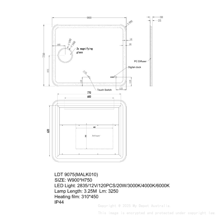 900*750mm Curved Rim Rectangle 3 Color Lighting Backlit Acrylic LED Mirror Magnifier Touch Sensor Switch Defogger Pad Wall Mounted Digital Clock with Temperature