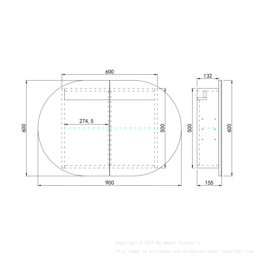900X600X155mm Allison Pill LED Shaving Cabinet Matte Black