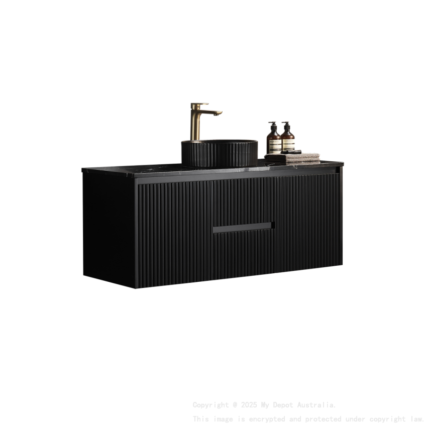1190X455X480mm Matte Black Crete Modern Fluted Wall Hung Vanity PVC Cabinet Center Drawer