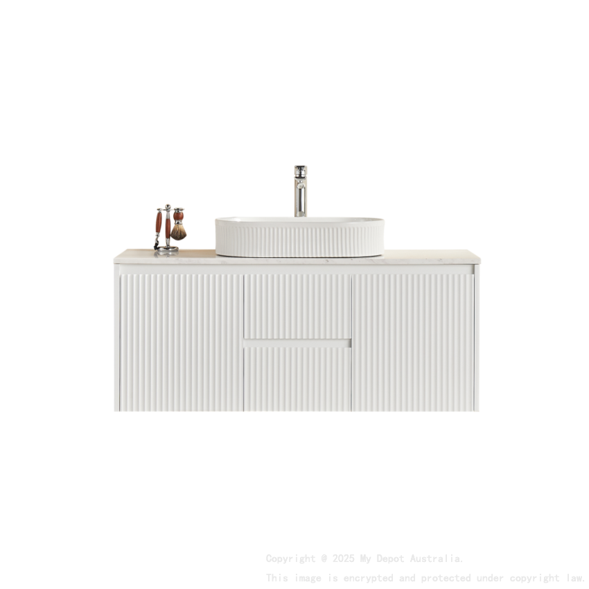 1190X455X480mm Matte White Crete Modern Fluted Wall Hung Vanity PVC Cabinet Center Drawer