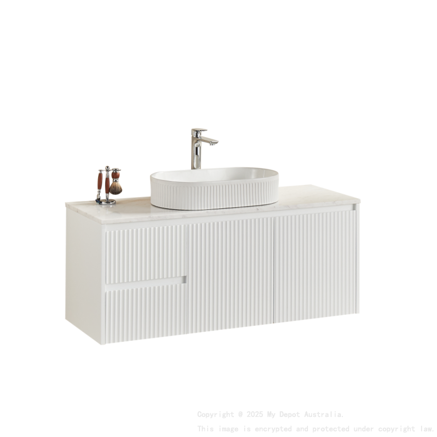 1190X455X480mm Matte White Crete Modern Fluted Wall Hung Vanity PVC Cabinet Left Hand Drawers