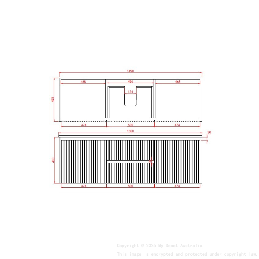 1490X455X480mm Matte White Crete Modern Fluted Wall Hung Vanity PVC Cabinet