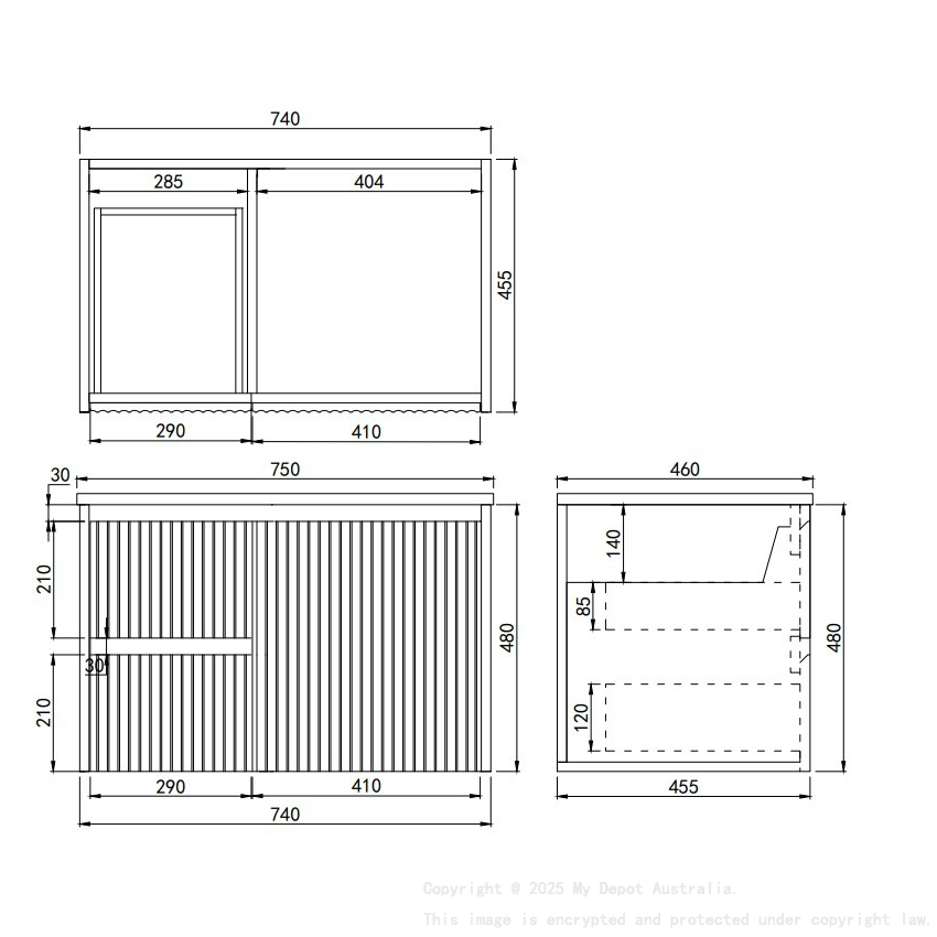 740X455X480mm Matte Black Crete Modern Fluted Wall Hung Vanity PVC Cabinet Left Hand Drawers