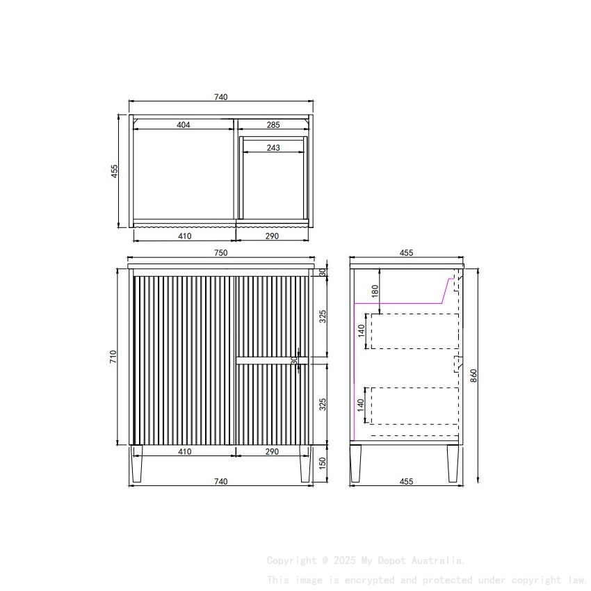 740x455x860mm Matte Black Crete Modern Free Standing Vanity Right Hand Drawers