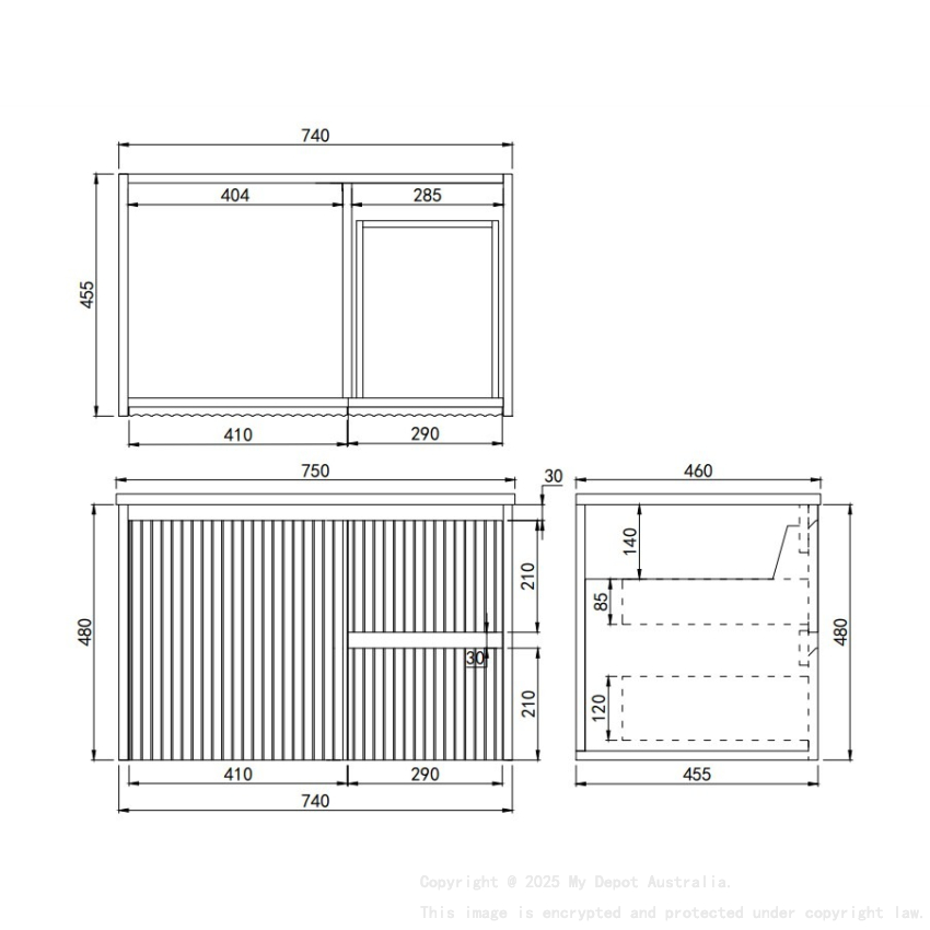 740x455x480mm Matte White Crete Modern Fluted Wall Hung Vanity PVC Cabinet Right Hand Drawers