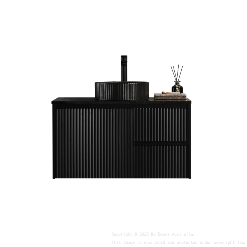 890X455X480mm Matte Black Crete Modern Fluted Wall Hung Vanity PVC Cabinet Right Hand Drawers