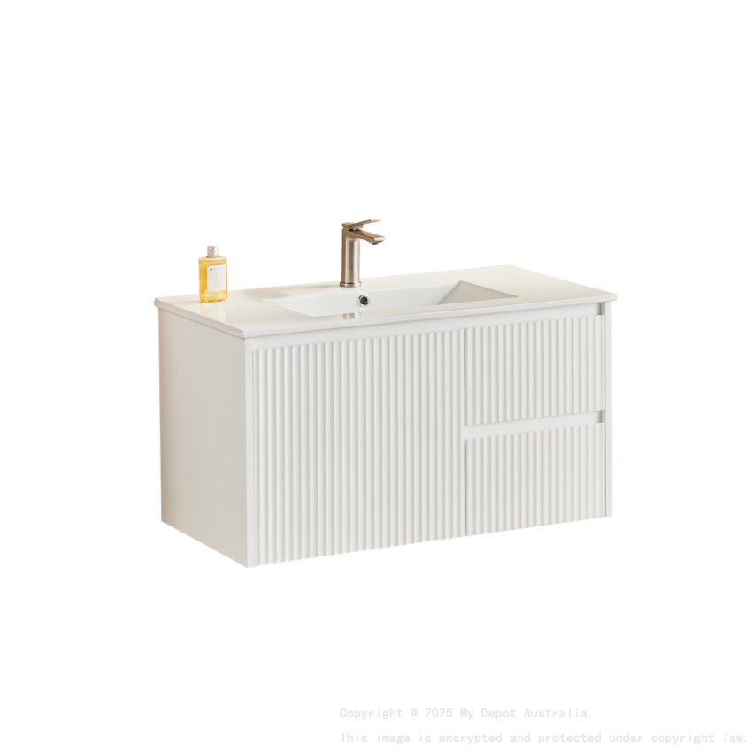 890X455X480mm Matte White Crete Modern Fluted Wall Hung Vanity PVC Cabinet Right Hand Drawers