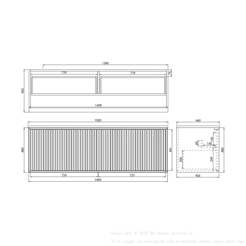 1490X455X480mm Matte Black Kliff Modern Fluted Wall Hung Vanity PVC Cabinet