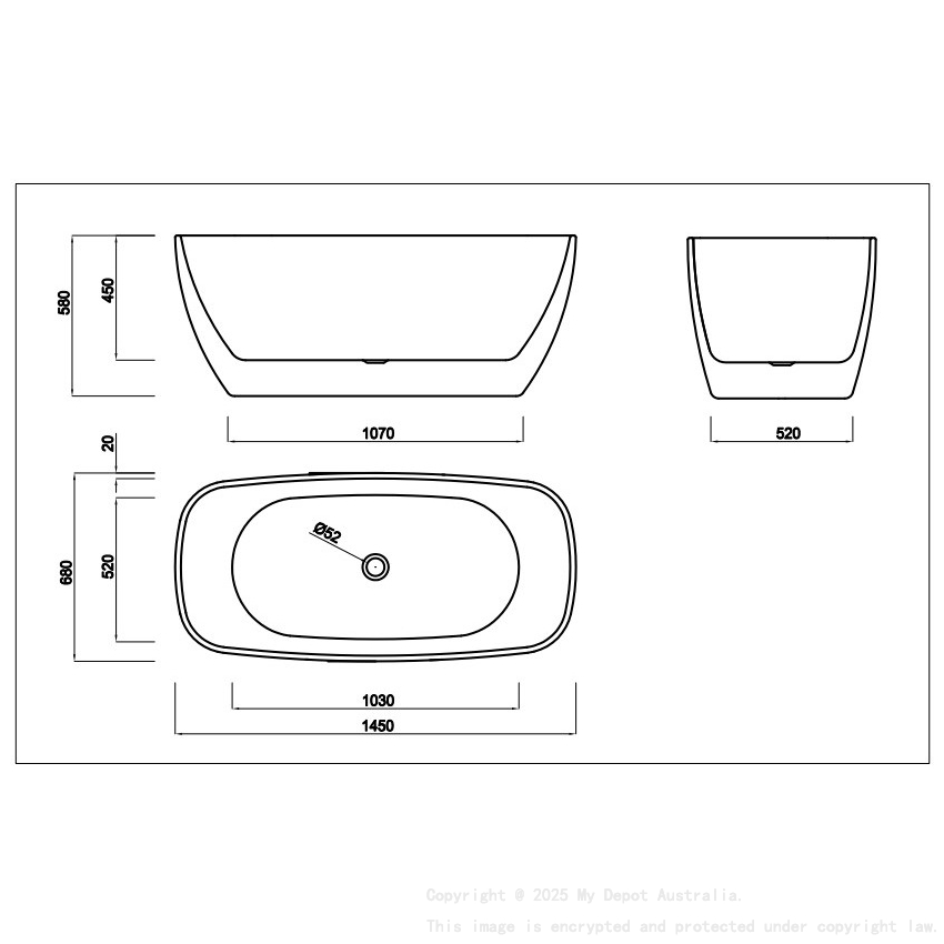 1450*680*580mm Matte White Orta Acrylic Freestanding Bath None Overflow 40mm Waste And Pipe Inlcuded