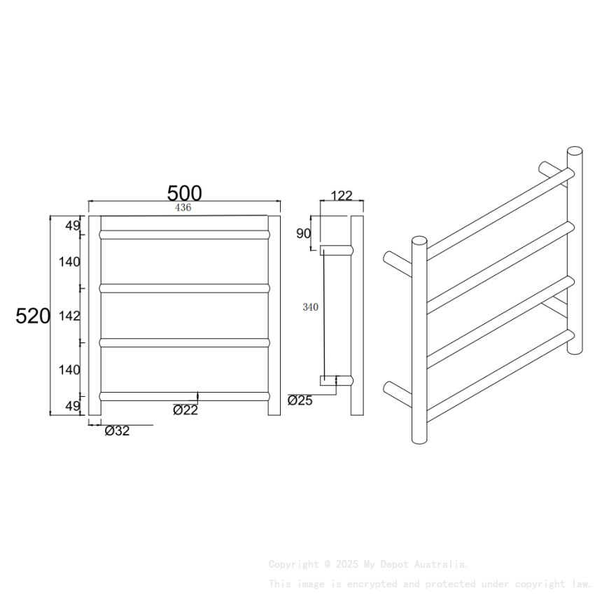 Black Round Electric Heated Towel Rack 4 Bars