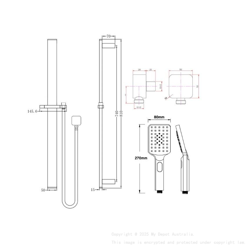Square Black Sliding Shower Rail(ABS Handheld Shower)