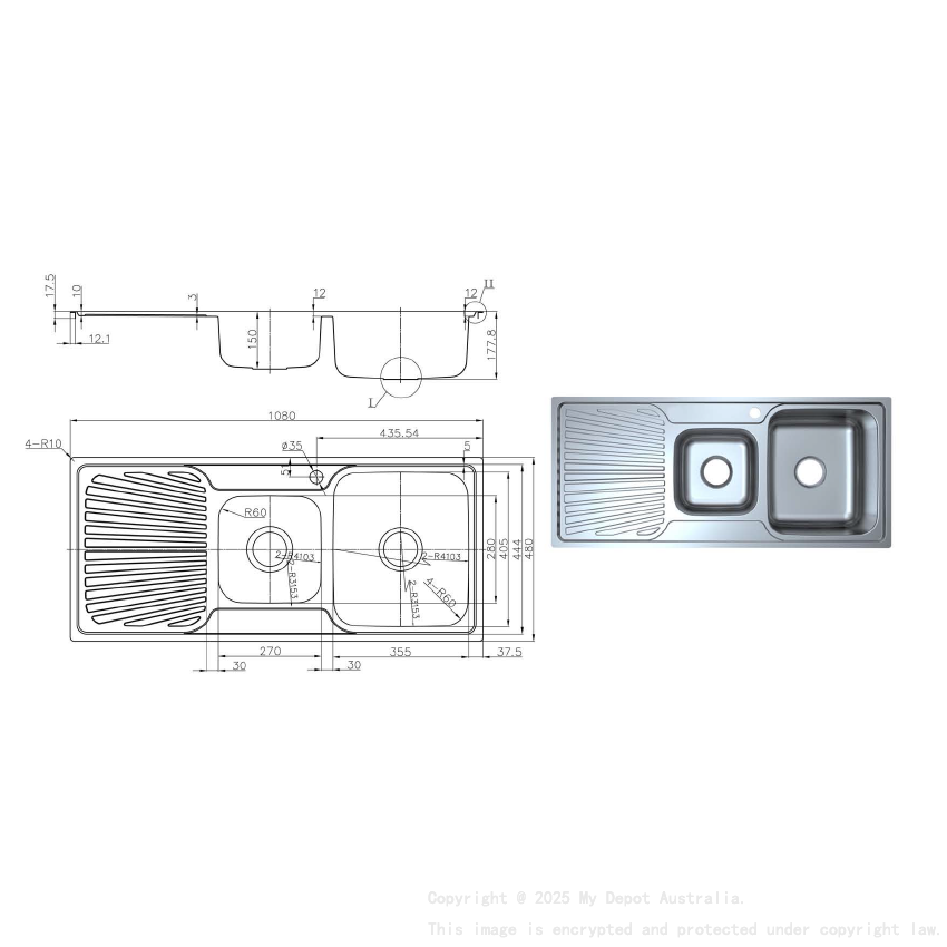 Otus 1 & 3/4 Bowl & Drainer Sink 1080 x 480 x178mm