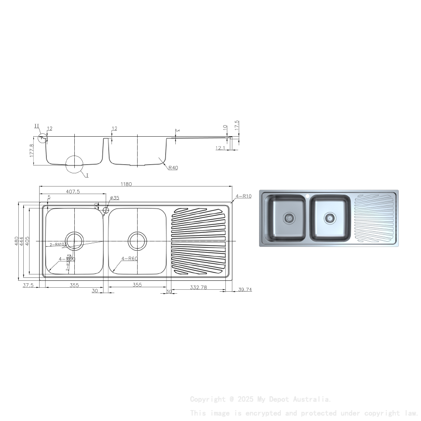 Otus Double Bowl & Drainer Sink 1180 x 480 x178mm