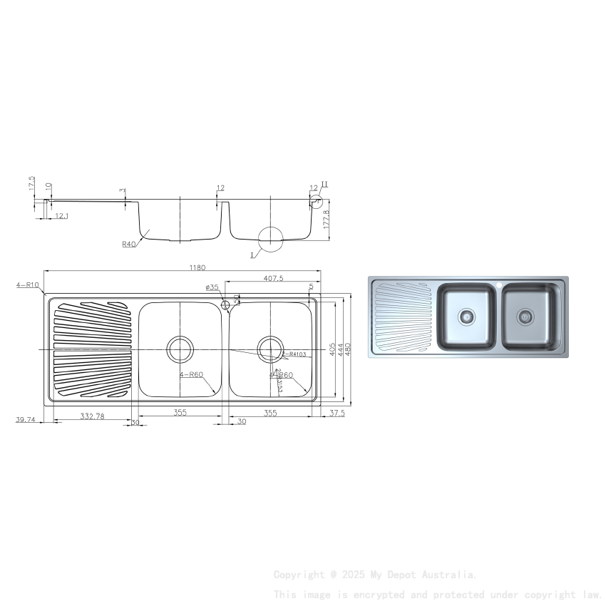 Otus Double Bowl & Drainer Sink 1180 x 480 x178mm