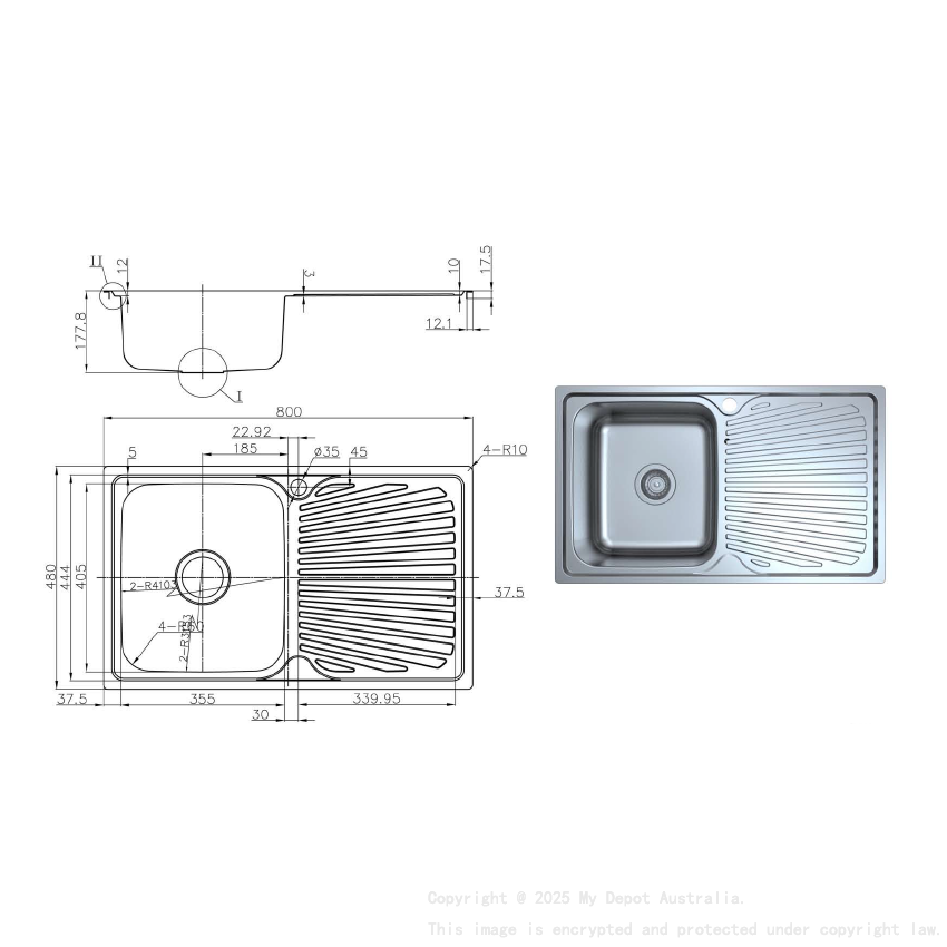 Otus Single Bowl & Drainer Sink 800 x 480 x 178mm