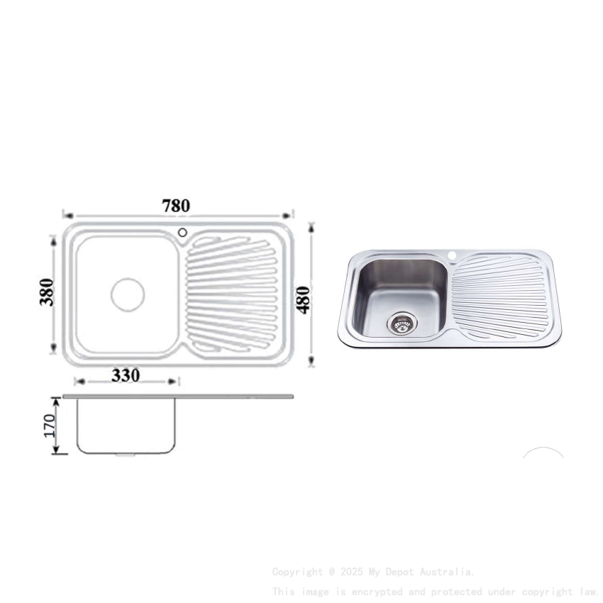 Cora Single Bowl & Single Drainer 780 x 480 x 170mm