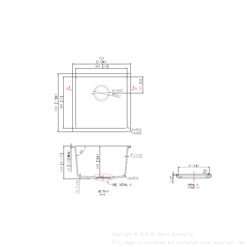 432*432*246mm Cora Black Undermount Granite Single Bowl Sink
