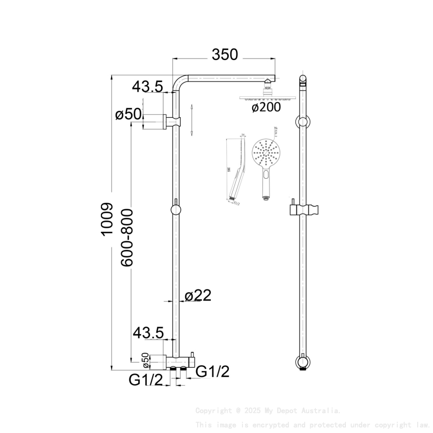 Cora Round Multi-function Shower Set Two Hoses Matte Black,200mm Plastic Shower Head