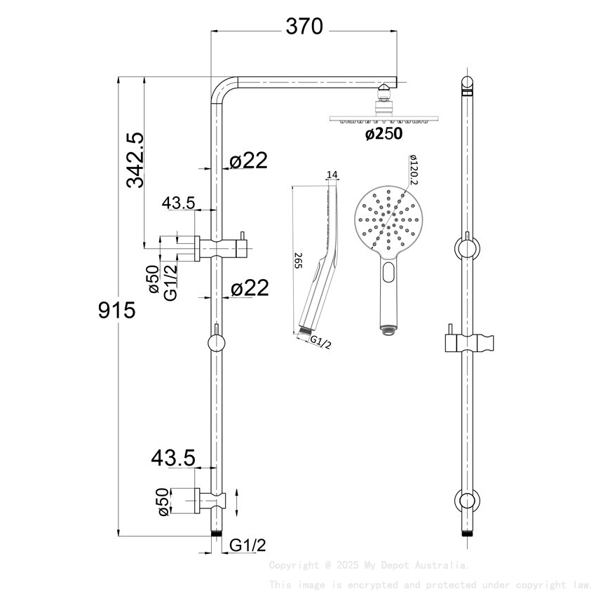 Cora Round Multi-function Shower Set Brushed Nickel, 250mm Plastic Shower Head