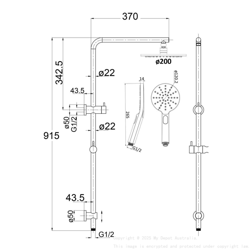 Cora Round Multi-function Shower Set Gun Metal, 200mm Plastic Shower Head
