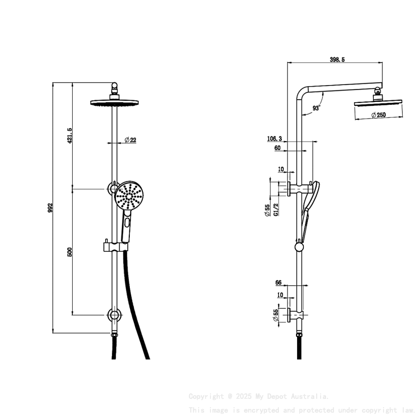 New Cora Round Multi-function Shower Set Chrome, 250mm Plastic Shower Head