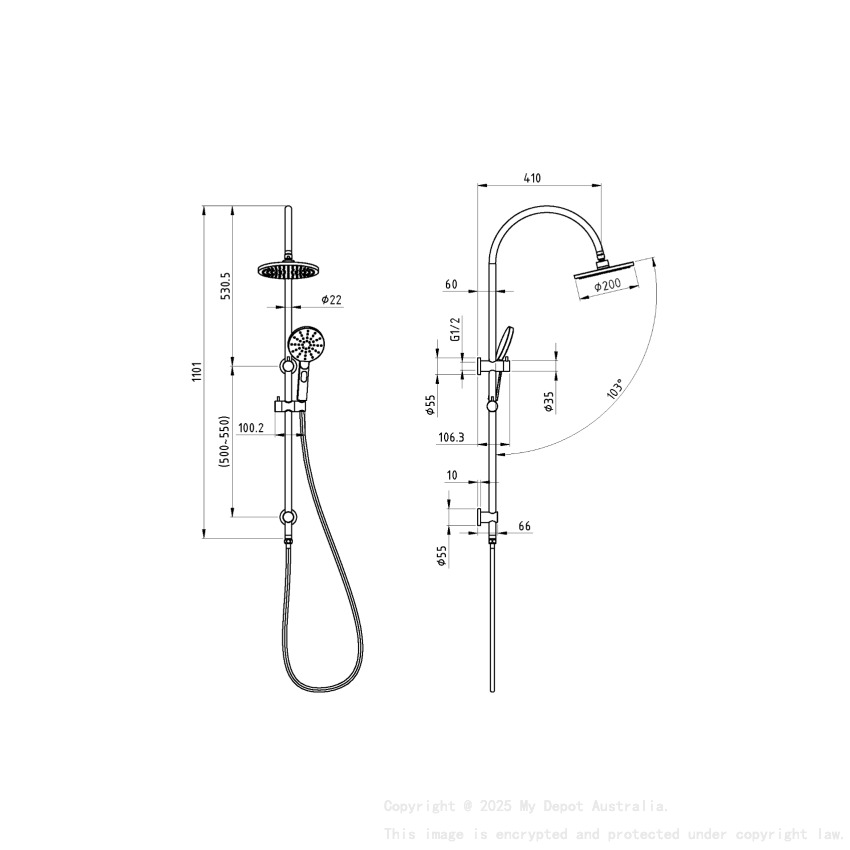 New Cora Round Gooseneck Brass Multi-function Shower Set Chrome,200mm Plastic Shower Head