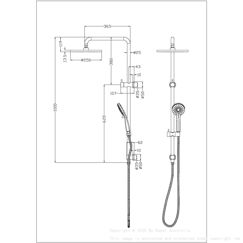Otus Round Multi-Function Shower Set Chrome,304SS Stainless Steel Rail, 250mm ABS Shower Head,1.5m PVC Hose